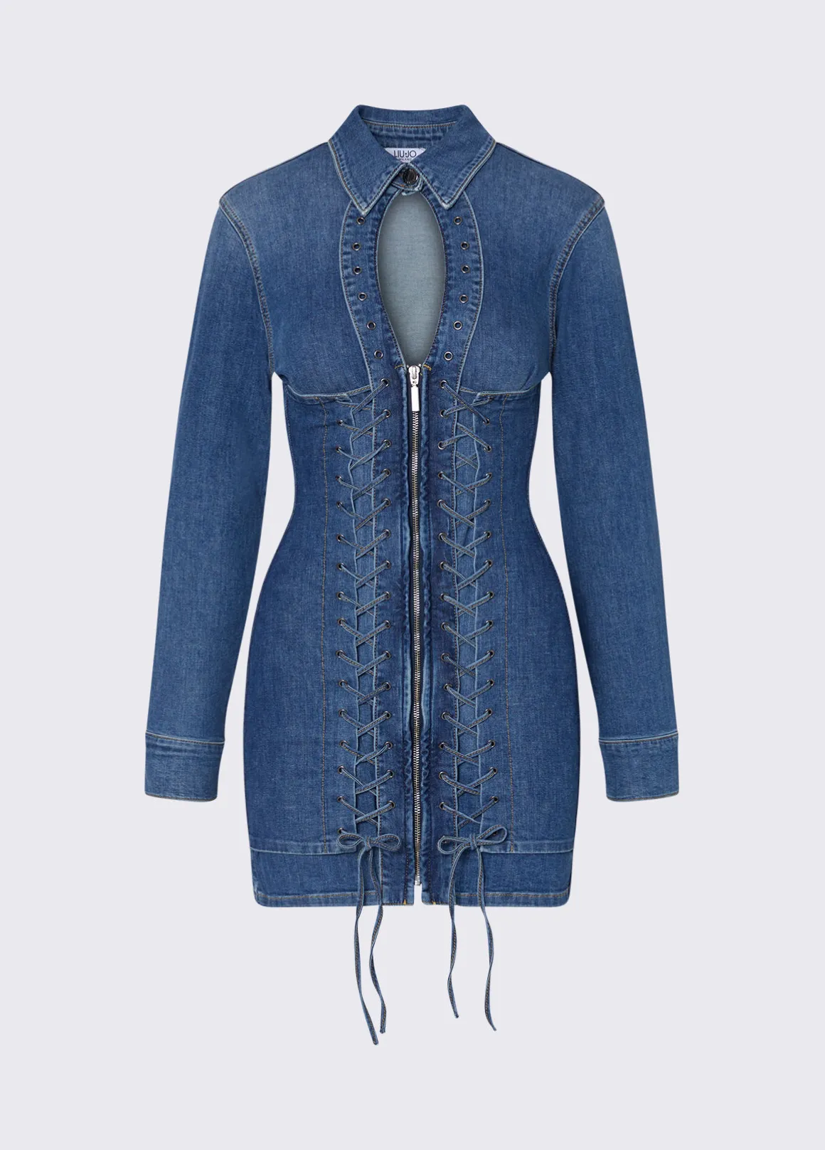 Abito corto in denim con stringhe