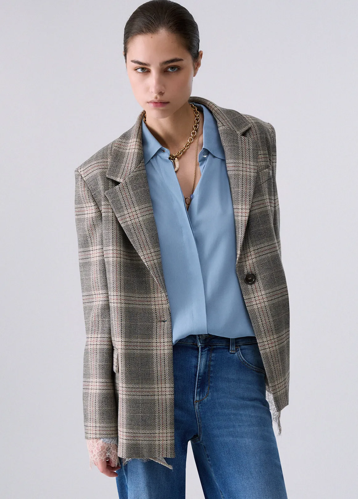 Blazer check con dettagli in pizzo