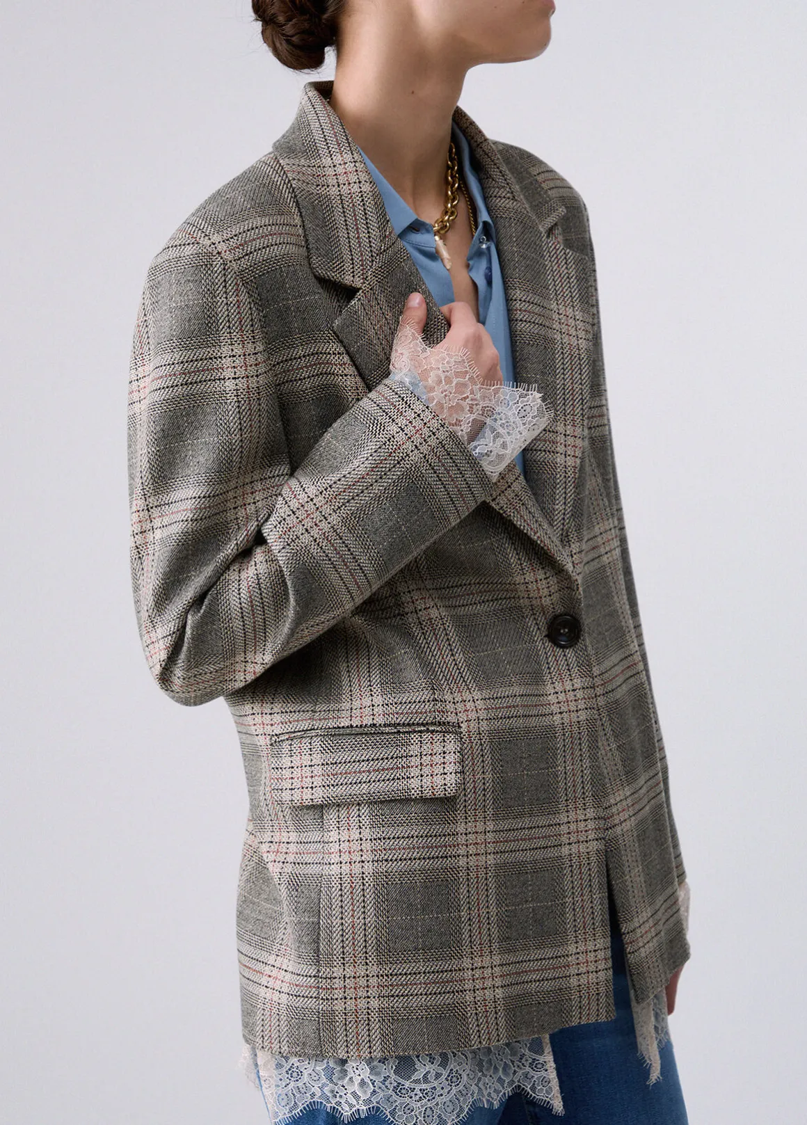 Blazer check con dettagli in pizzo