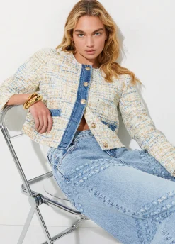 Giacca bouclé con dettagli in denim