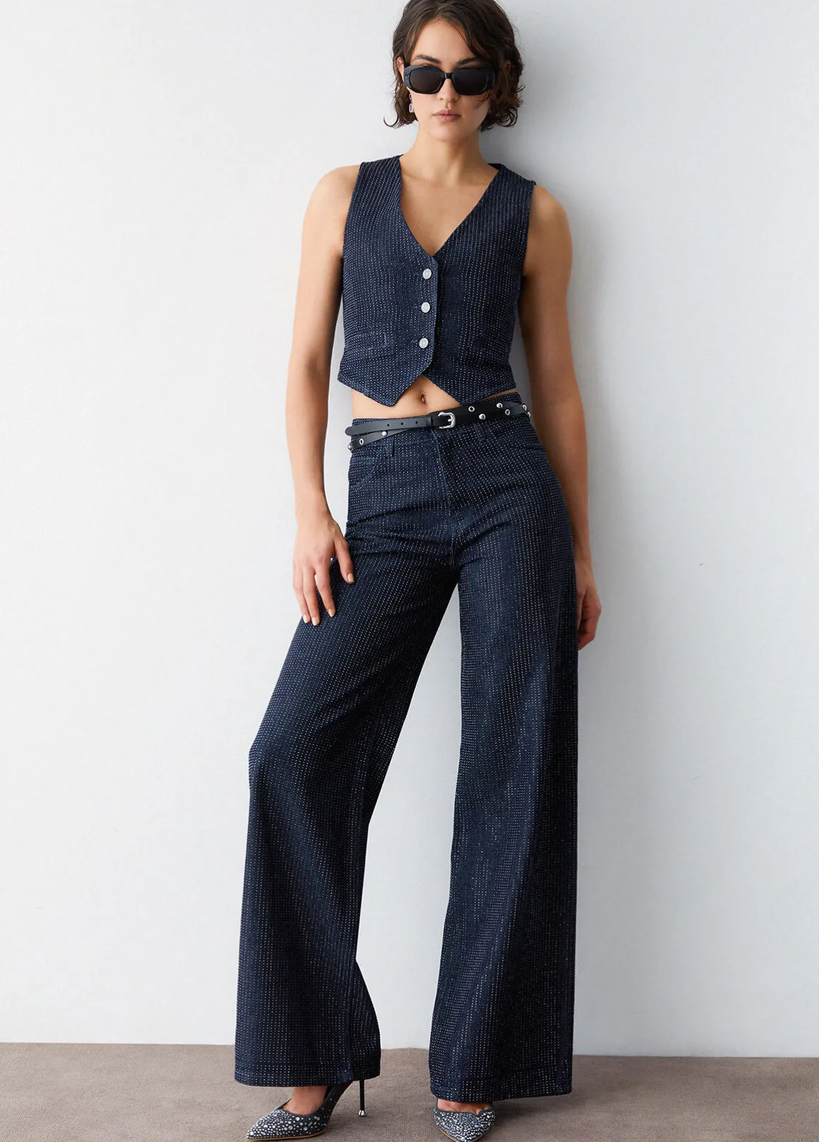 Jeans palazzo full-strass