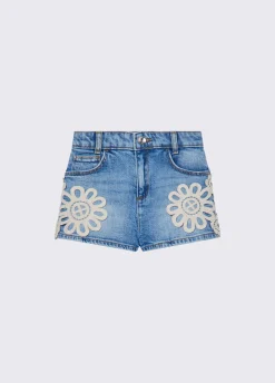 Short in denim con ricamo macramè