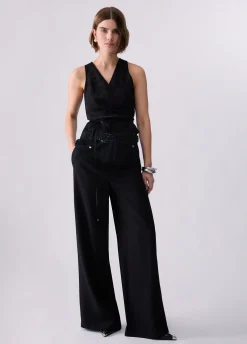 Top jacquard con dettagli in pizzo