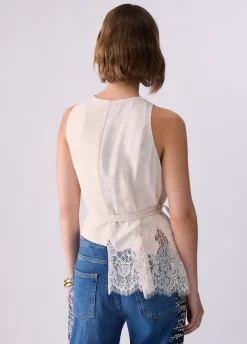 Top jacquard con dettagli in pizzo