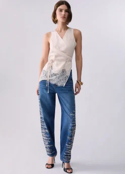 Top jacquard con dettagli in pizzo