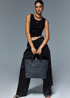 Tote bag grande in denim con logo