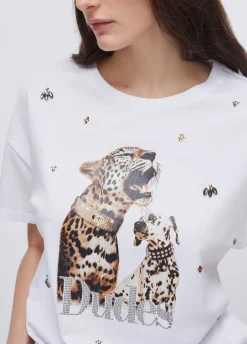 T-shirt con stampa e ricami gioiello