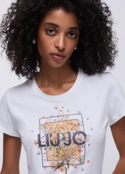 T-shirt con stampa e strass