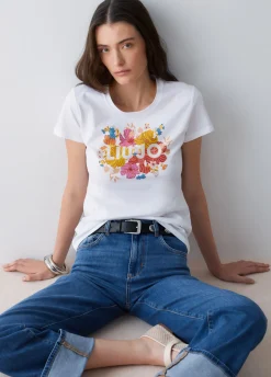 T-shirt con stampa e strass