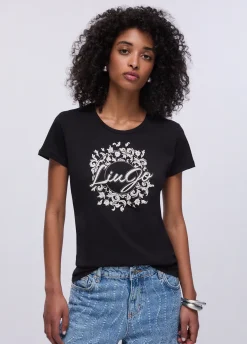 T-shirt con stampa e strass