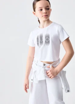 T-shirt cropped con strass