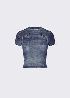 T-shirt cropped effetto denim